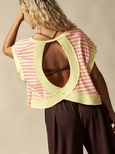 Sporty Color Block T Shirt for Women Striped Hollow Back Workout Top Casual Y2K Activewear Tee