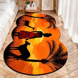 2D Flat velvet irregular rug with African sunset silhouette pattern, machine washable non-slip carpet for bedroom, all seasons & holiday decor, durable & easy to clean.