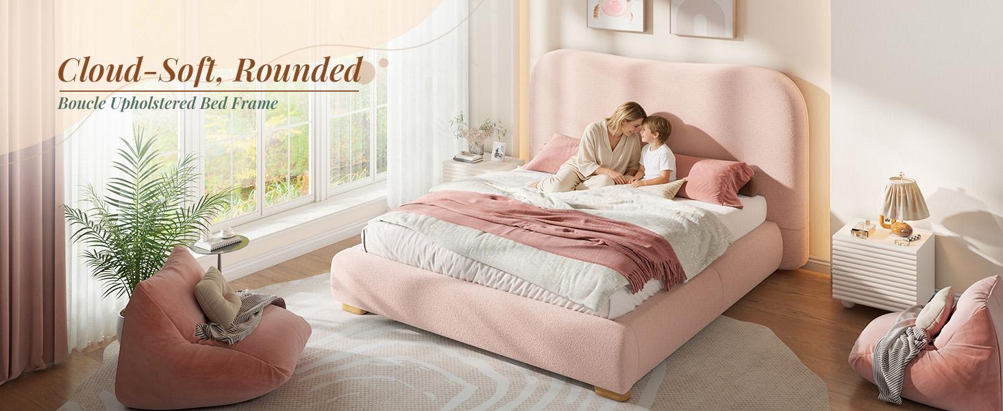 [Memorialday]VanAcc Cloud Bed Frame, 7.1" Thick Curved Headboard, Soft Rounded Corners Kid & Pet Safe Design, Modern Upholstered Platform Bed, No Box Spring Needed