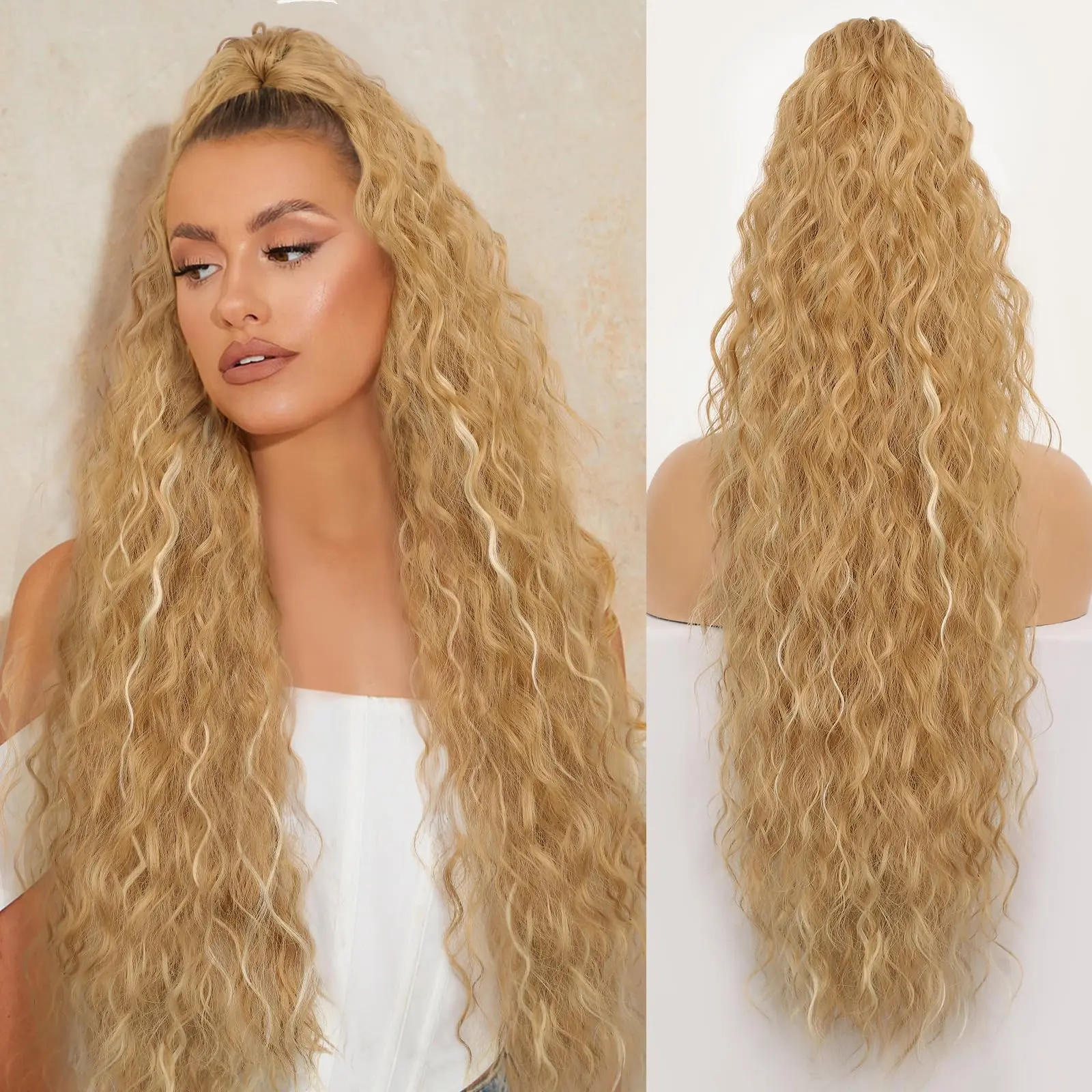 30-Inch Wavy Mix Blonde Ponytail Extension for Women, Long Synthetic Hairpiece with Drawstring for Effortless Daily Style