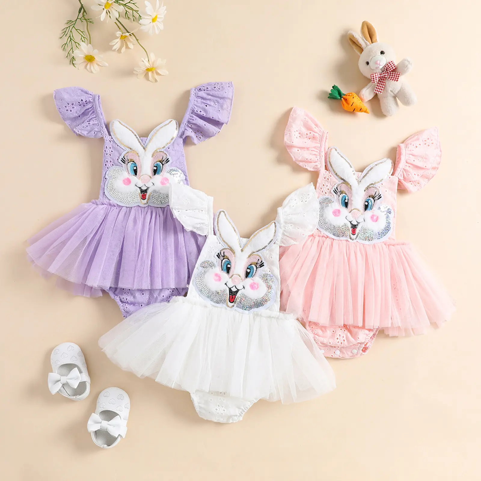 Imcute Infant Baby Girls Easter Romper Dress Bunny Head Embroidery Fly Sleeve Tulle Skirt Hem Bodysuit Summer  Clothes 3-24 Months