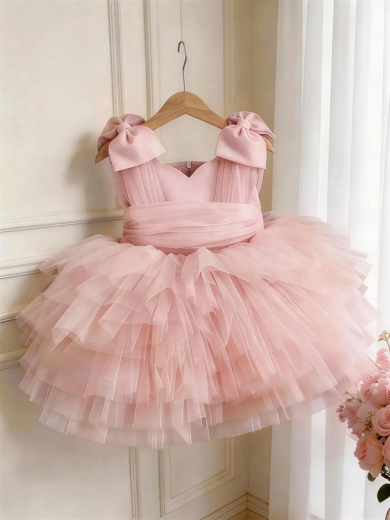 Baby Girls Bow Dress, Sleeveless Layered Tutu Dress, Toddler Tutu Dress, Cute Princess Dress for Birthday Party, Wedding Flower Girl, All Seasons, Baby Girl Clothes