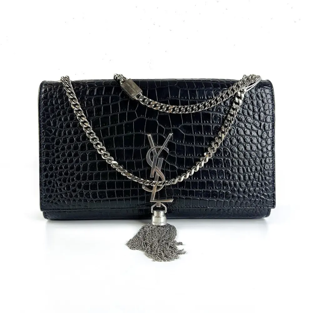 Pre-owned Yves Saint Laurent Medium Kate Black Croc Embossed Leather Chain Shoulder Bag with Tassel【874】