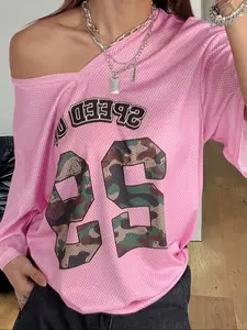 Women's Y2K Streetwear Camo Mesh Breathable Sports Shirt, Summer Casual Hiphop Festival Top, Daily Unique Athletic Sports Clothing, Athletic Fashion Activewear