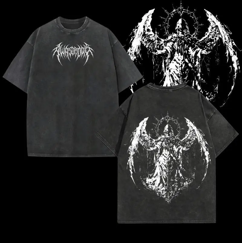 valentine shirts Y2K Gothic Angel Oversized Tee: Vintage Washed Streetwear Shirt Distressed Tropical