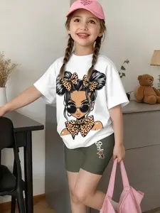 Girls' Leopard Cartoon Pattern Printed Short Sleeve T-Shirt Set, Casual Fashion Clothes Set Loose Fit Top Shorts, Round Neck Versatile Summer Outfits Set