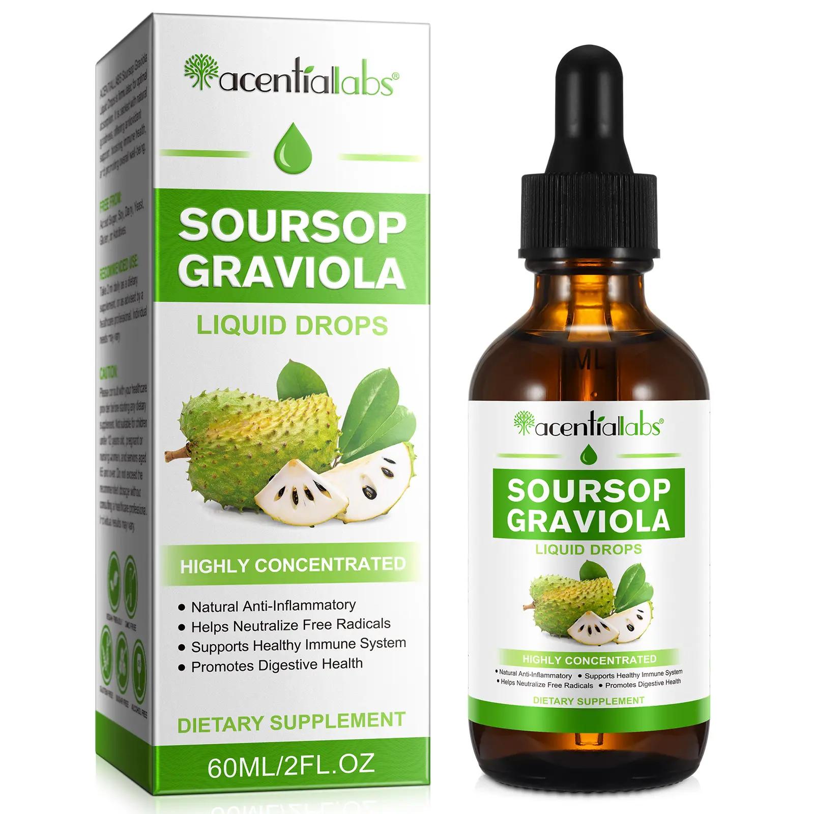 【NEW】Acentiallabs Soursop Graviola Liquid Drops - 1800mg Highly Concentrated Antioxidant Support, Immune & Natural Defense Formula with Vitamin C, Alcohol-Free, Vegan, Non-GMO, 60mL (30-Day Supply), Healthcare