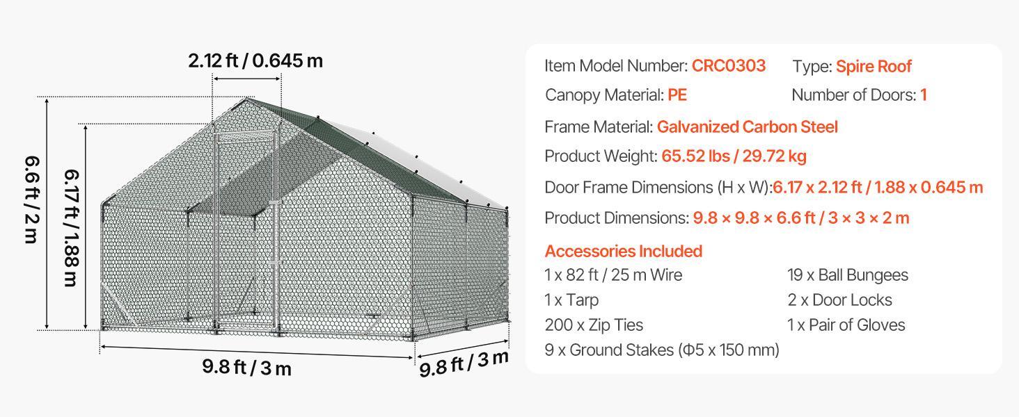 VEVOR Enclosed Chicken Cage, 9.8x9.8x6.6ft Walk-In Poultry Coop with Waterproof Cover, Sturdy Frame, Spire Roof, Spiral-Bottom Guard, Predator-Proof Mesh, All-Seasons Weather Resistance for Backyard Farm Hens (Walk-In Care Ease)#BackToSchool