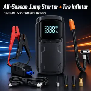 4-in-1 Car Jump Starter and Tire Inflator, Portable Battery Booster with USB Power and LED Light