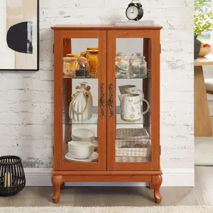Bellemave 2-Door Tempered Glass Curio Cabinet, Mirrored Back Panel, Adjustable Shelves, Lighted Display with Included Bulb for Home & Office