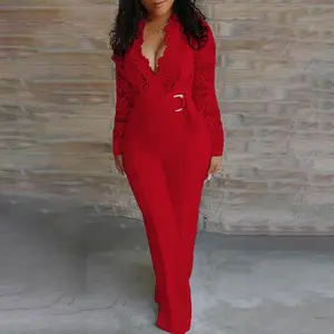 ChicMe Crochet Lace Trim Deep V-Neck Valentine's Day Floral Lace Spliced Overalls Casual Zipper Back Seam Front Jumpsuit with Belt for Wedding & Wedding Guest