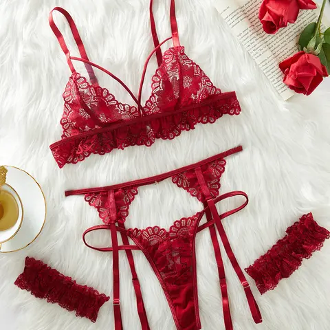 Women's Sexywear Bold Multicolor Sheer Floral Lace Criss Cross Strap Adjustable Garter Boudoir Set - Low Waist, Satin Accent, Thong Cut, Curvy Friendly, Coquette Aesthetic, Hand Washable, 3/4 Coverage, Thigh Ring Underwear