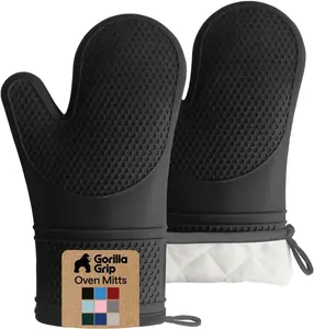 GORILLA GRIP BPA-Free Soft Silicone Oven Mitts, Heat Resistant and Waterproof Cooking Safety Gloves, Thick Cotton Lining, Flexible Gripping, Kitchen Potholders Set, for Grilling, BBQ, 12.5x8.3, Black