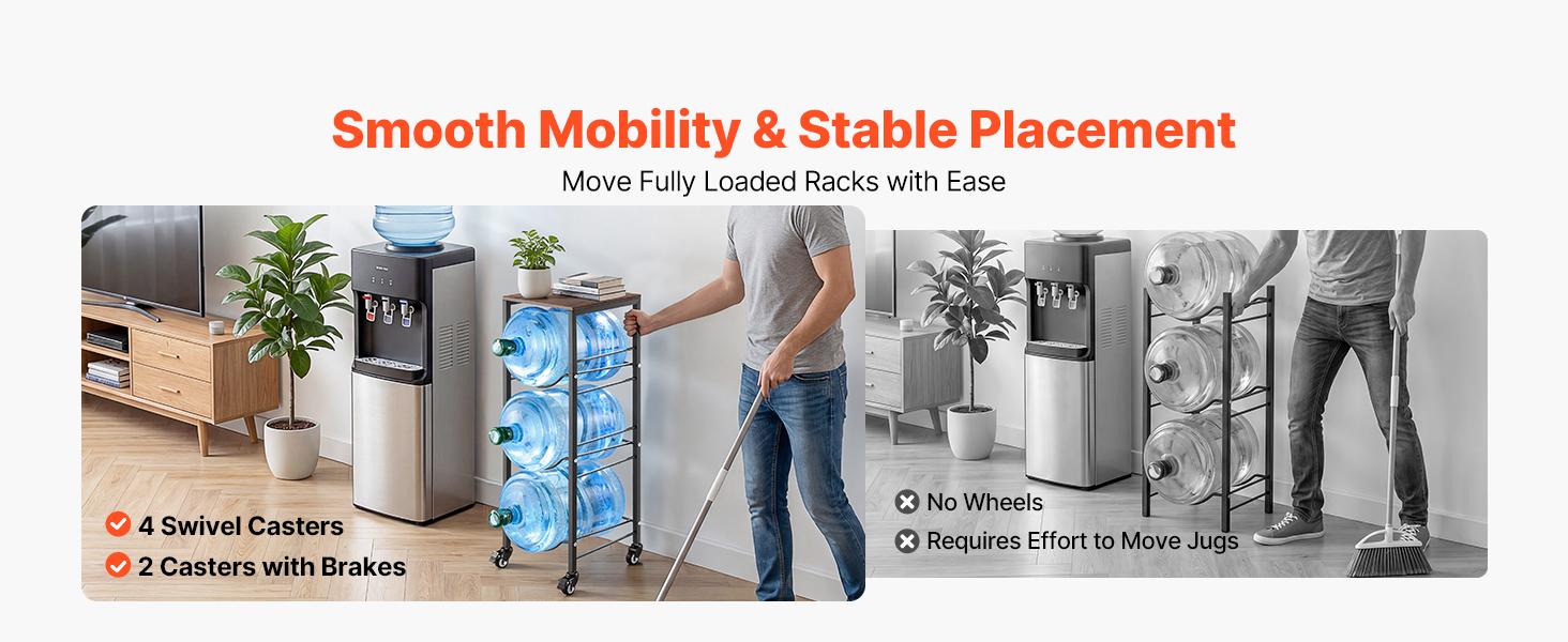 【summerfinds】VEVOR Water Jug Holder, 4 Tiers 3 and 5 Gallon Water Bottle Holder for 3 Bottles, Heavy Duty Jug Rack Organizer with Storage Shelf and Casters, for Kitchen, Office, Living Room, Black and Brown