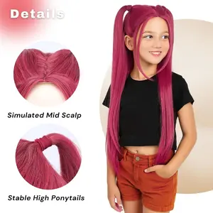 Long Straight Hot Pink Cosplay Wig with 2 Ponytails for Halloween Party Costume Small Size Demon Anime Hunters Wigs for Women Pink Long Straight Hair Accessory with Hair Cap