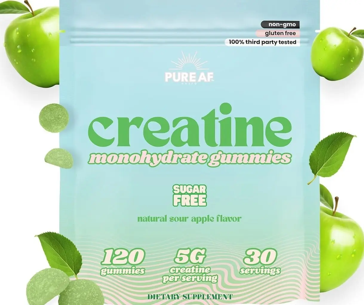 Creatine Gummies for Women – Sugar Free | Sour Green Apple – 120 Creatine Monohydrate Gummies | Lean Muscle, Glute Growth, Strength & Cognitive Boost
