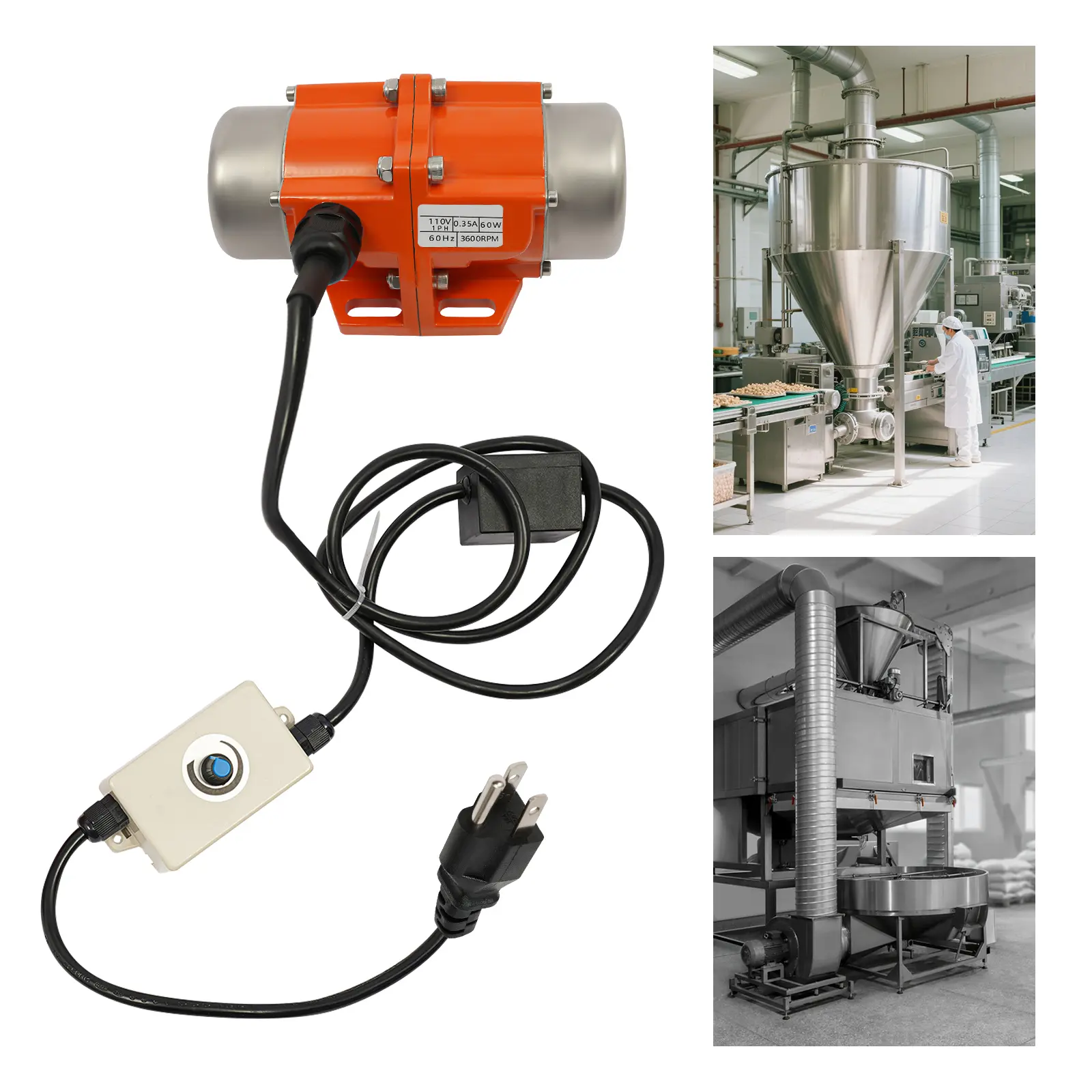 60W Industrial Vibration Motor - 110V Single-Phase Asynchronous Motor with 1500-3600 RPM Variable Speed Controller, Aluminum Alloy Build, 0.35A, IP65, Strong Force for Screening, Feeding Equipment, Self-Cooling