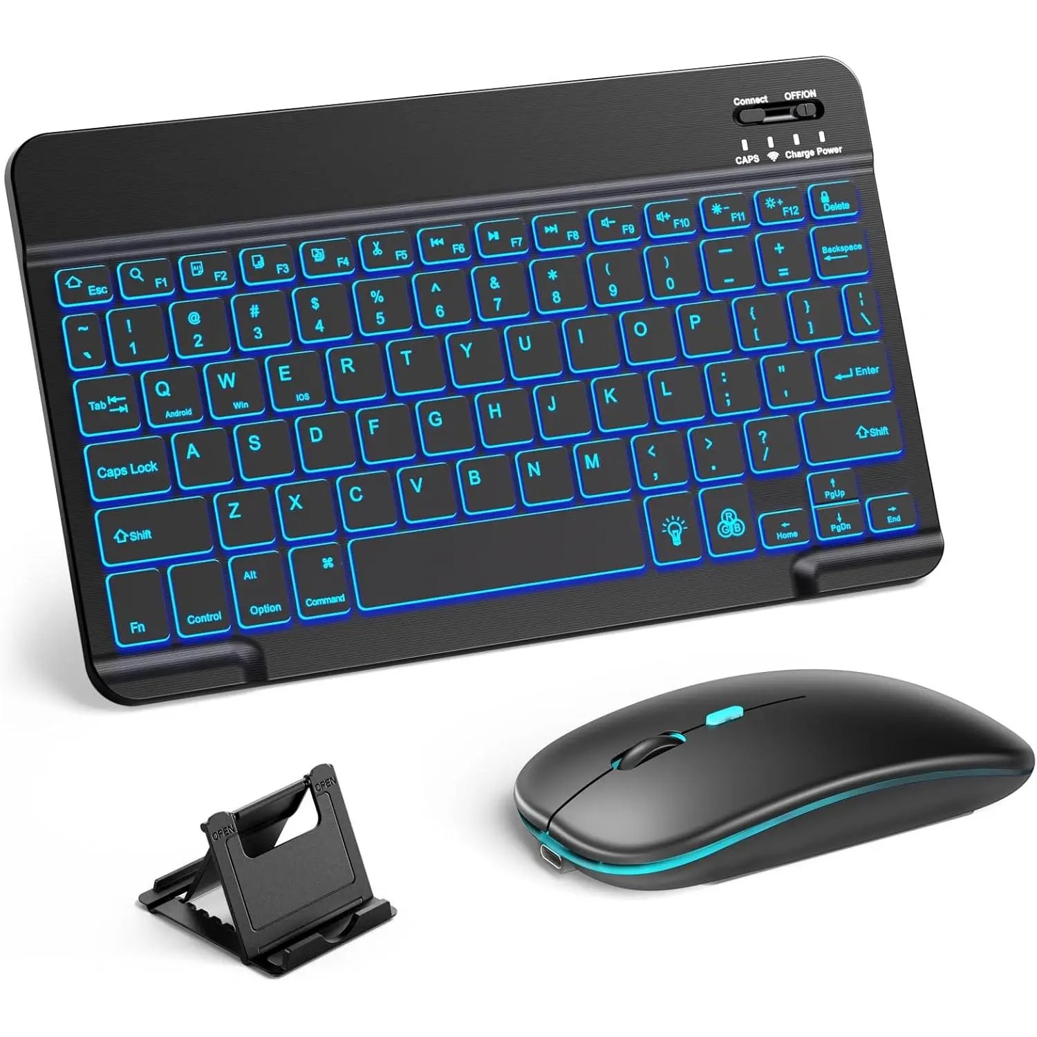 Bluetooth Keyboard and Mouse for iPad - Rechargeable Wireless Keyboard for iPad 11th/10th/9th Gen, Pro/Air/Mini, iPhone, Ultra-Slim Tablet Keyboard and Mouse with 7-Color Backlit, Black