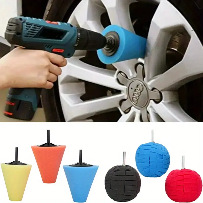6Pcs Car Wheel Hub Drill Buffing Sponge Pads Kit,3 inch Shank Polishing Pads for Wheel Hub Cleaning,Auto Cone Metal Polish Buffing Polishing Ball