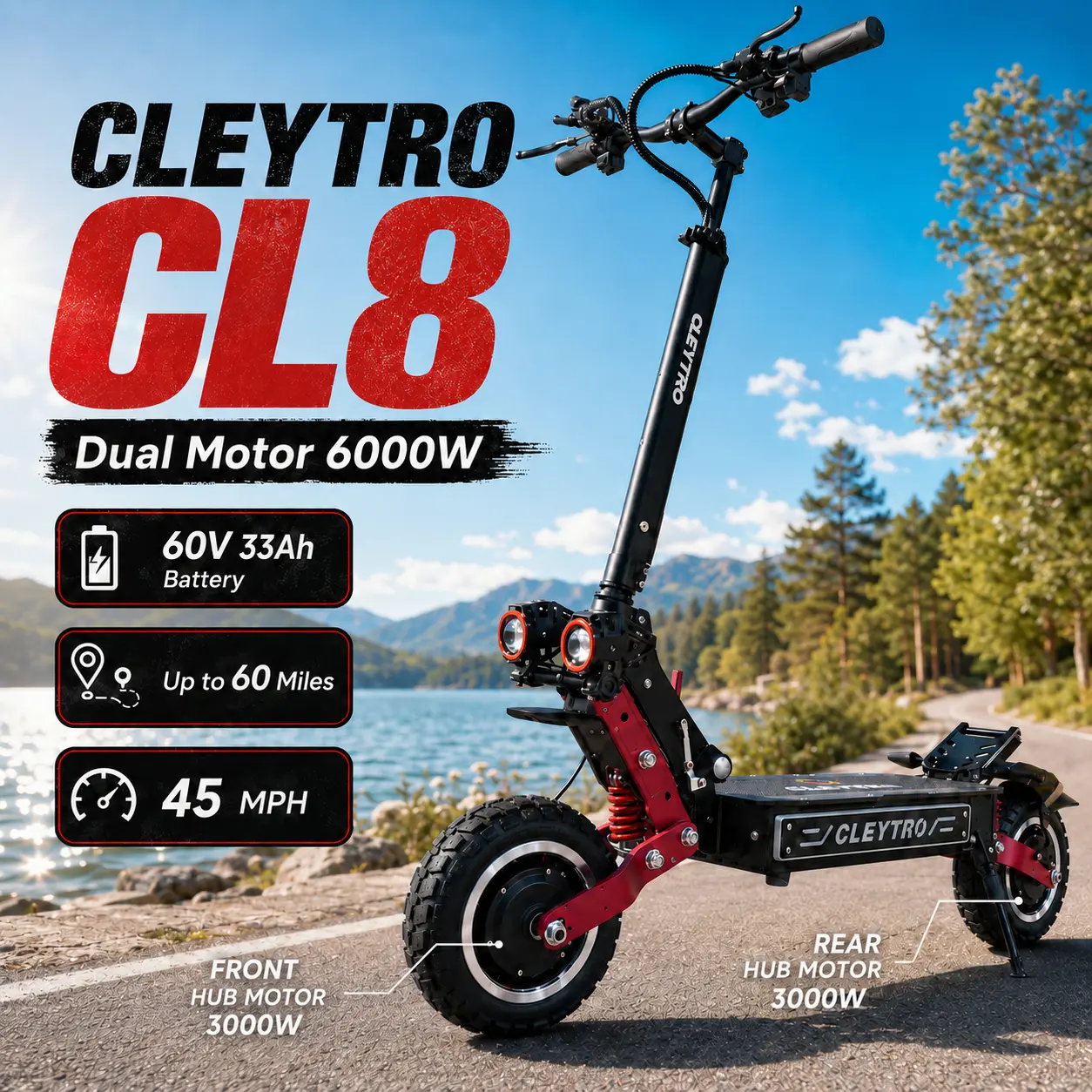 CLEYTRO CL8 High Power Electric Scooter for Adults, 6000W Dual Motor E Scooter, 45 MPH Top Speed, Up to 60 Mi Range, 60V 33Ah Battery, 11 In Off Road Tires, Hydraulic Suspension