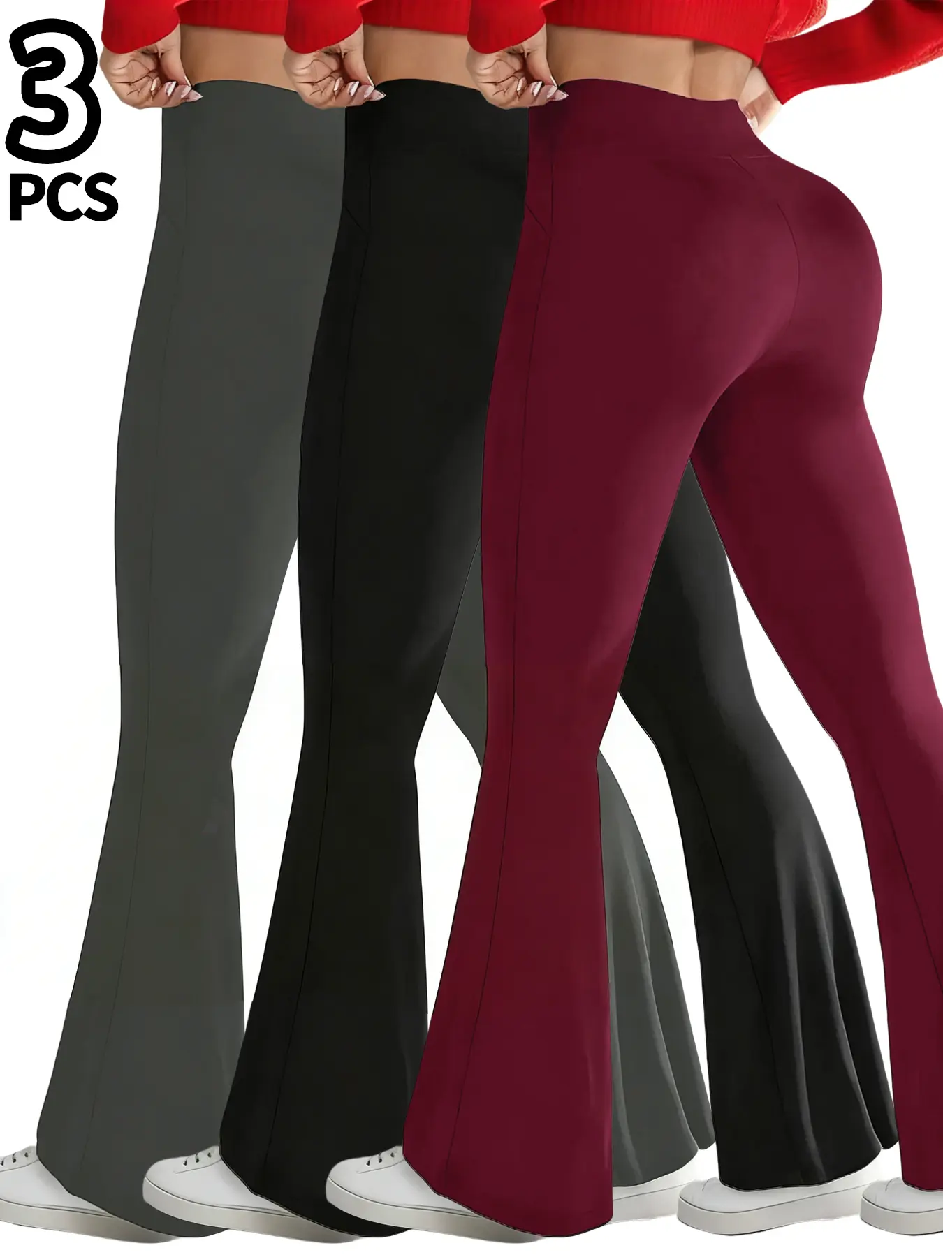 Women's High Waist Solid Color Fleece Lined Flared Pants Set of 3 Comfortable Warm Winter Casual Trousers for Everyday Wear Elegant Style