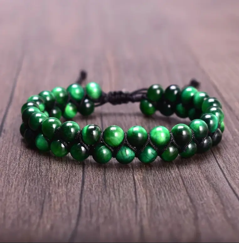 Evil Eye Protection Natural Stone Bracelet Green Tigers Eye 6mm Beads Double Braided Charka Bracelet Magnetic for Men Women Jewelry