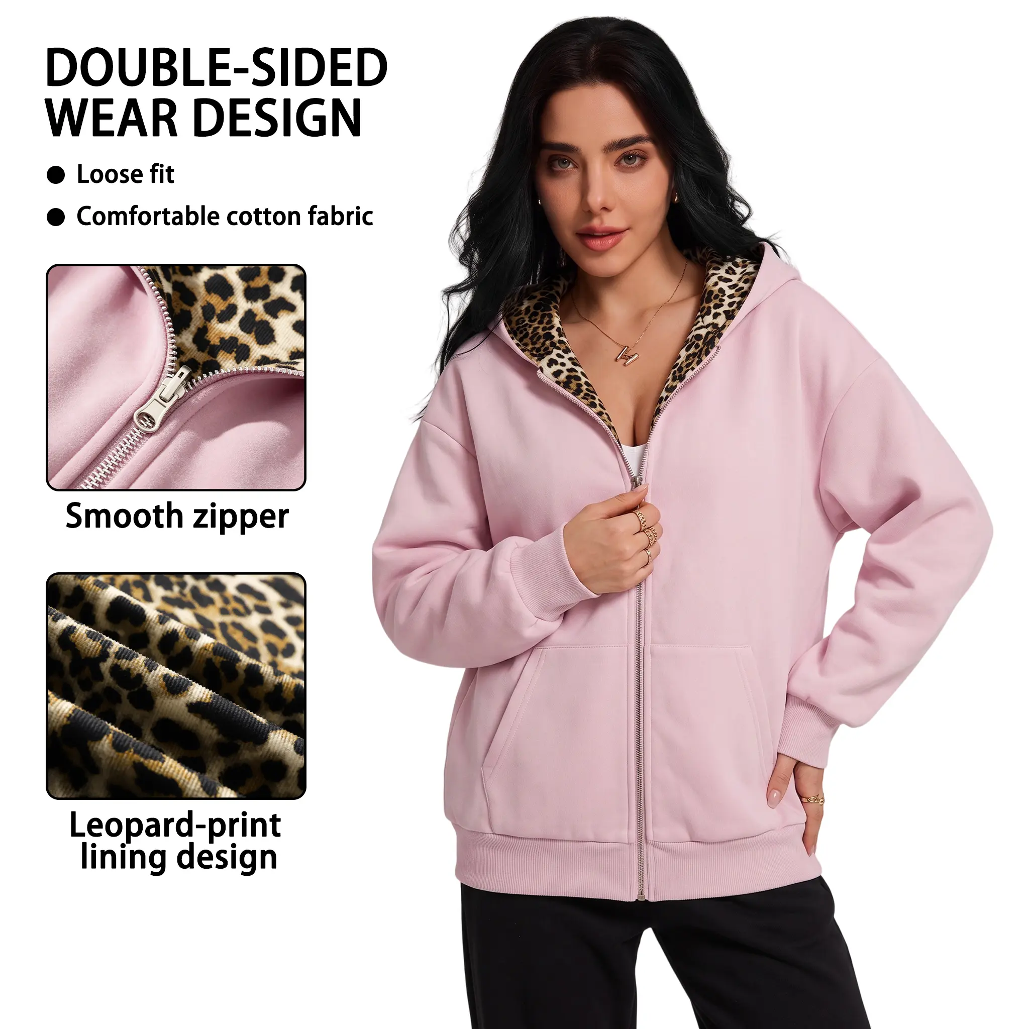Women’s reversible leopard-print zip-up hooded sweatshirt jacket, made from a soft cotton blend with a relaxed fit; long sleeves and kangaroo pockets. Suitable for autumn and winter everyday wear, this fashionable streetwear top can be worn two ways.
