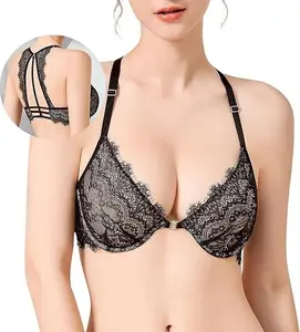 Front Closure Lace Bra for Women - Sexy Deep V Plunge T-Back Halter Bralette with Adjustable Straps, Wireless Push Up Support, Perfect for Backless Dresses, Dates & Everyday Wear (Black)