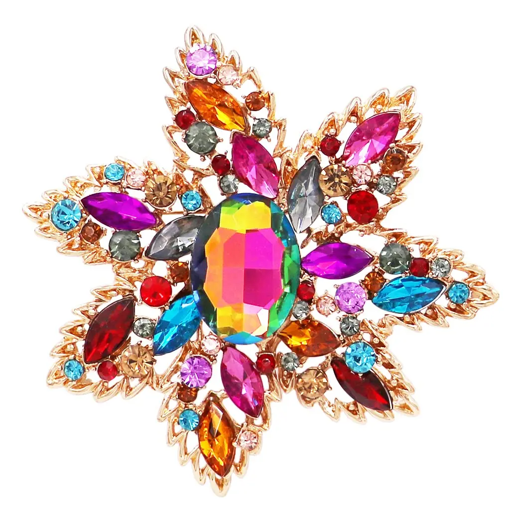 Women's Vintage Starburst Flower Brooch Pin, Large 4 Inch Gold Tone Statement Piece with Multicolored Sparkle Gems and Oval Center, Flower Motif, Large Size, Starburst Shape, Statement Look, Locking Bar, Sparkling Gems, Statement Size, 4 Inch Diameter