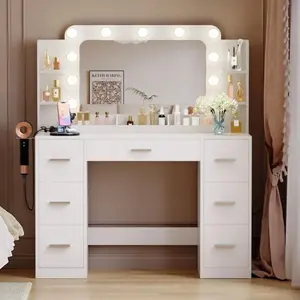 FURMAX Makeup Vanity Desk With Mirror & Lights, Large Vanity With 7 Drawers & 4 Storage Shelves