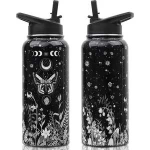 Insulated Water Bottle 32 oz, Goth Water Bottle with Straw and Lid, Reusable Leakproof Water Bottle Stainless Steel, Goth Gifts for Women