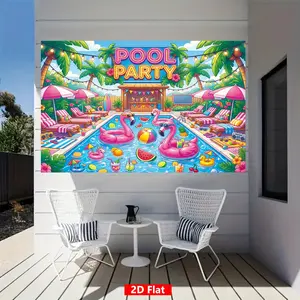 2D flat design: 1 summer pool party backdrop banner featuring flamingo-shaped swim rings and watermelon patterns. Suitable for indoor/outdoor pool parties, photo backdrops, and party decorations