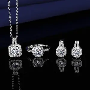 Trendy Bestselling Imitation Moissanite Princess Square Three-Piece Jewelry Set for Women, Including Ring, Earrings and Pendant Necklace