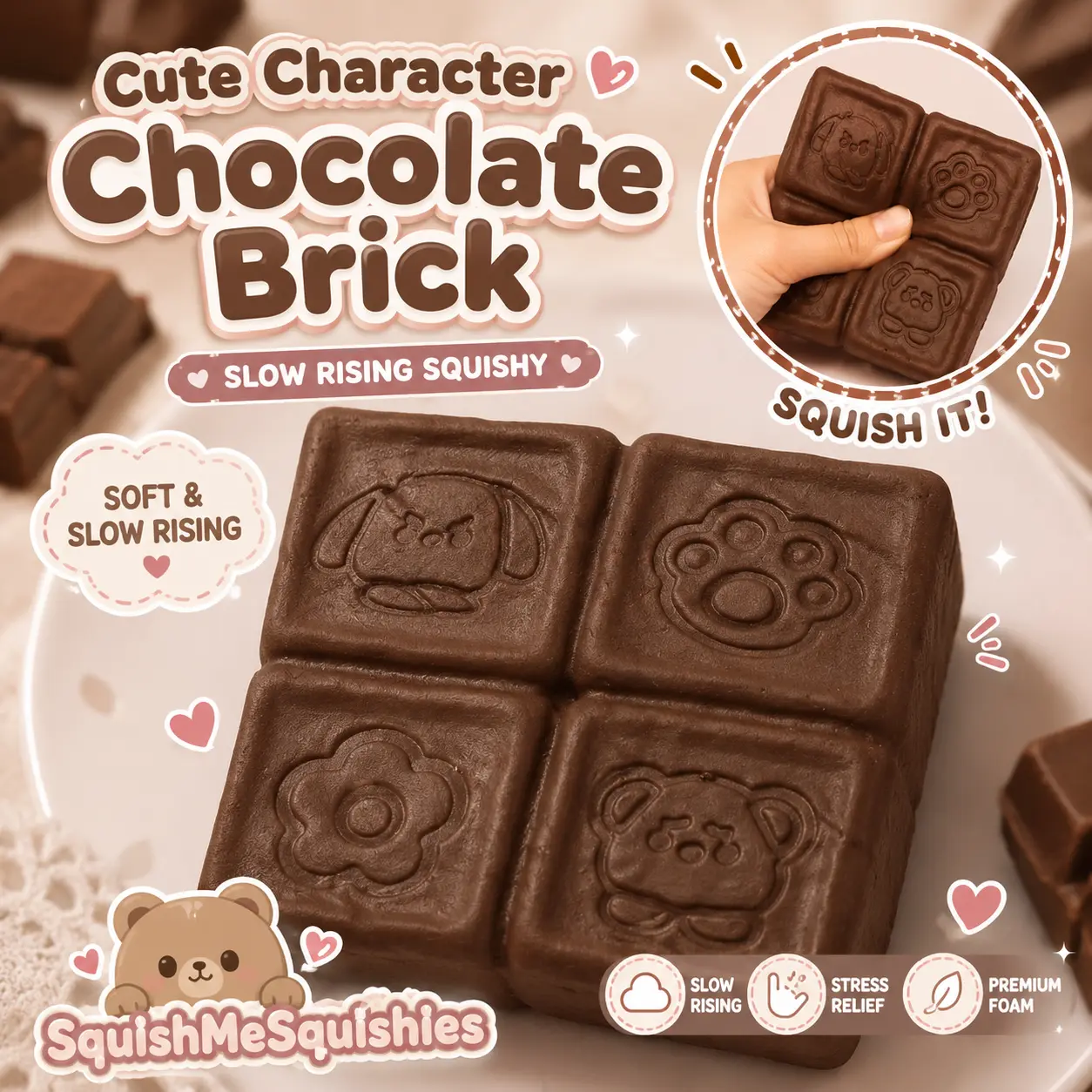 Cute Character Chocolate Brick Squishy Slow Rising Stress Relief Sensory Toy with Embossed Characters & Premium Foam fidget Play Food Squishies