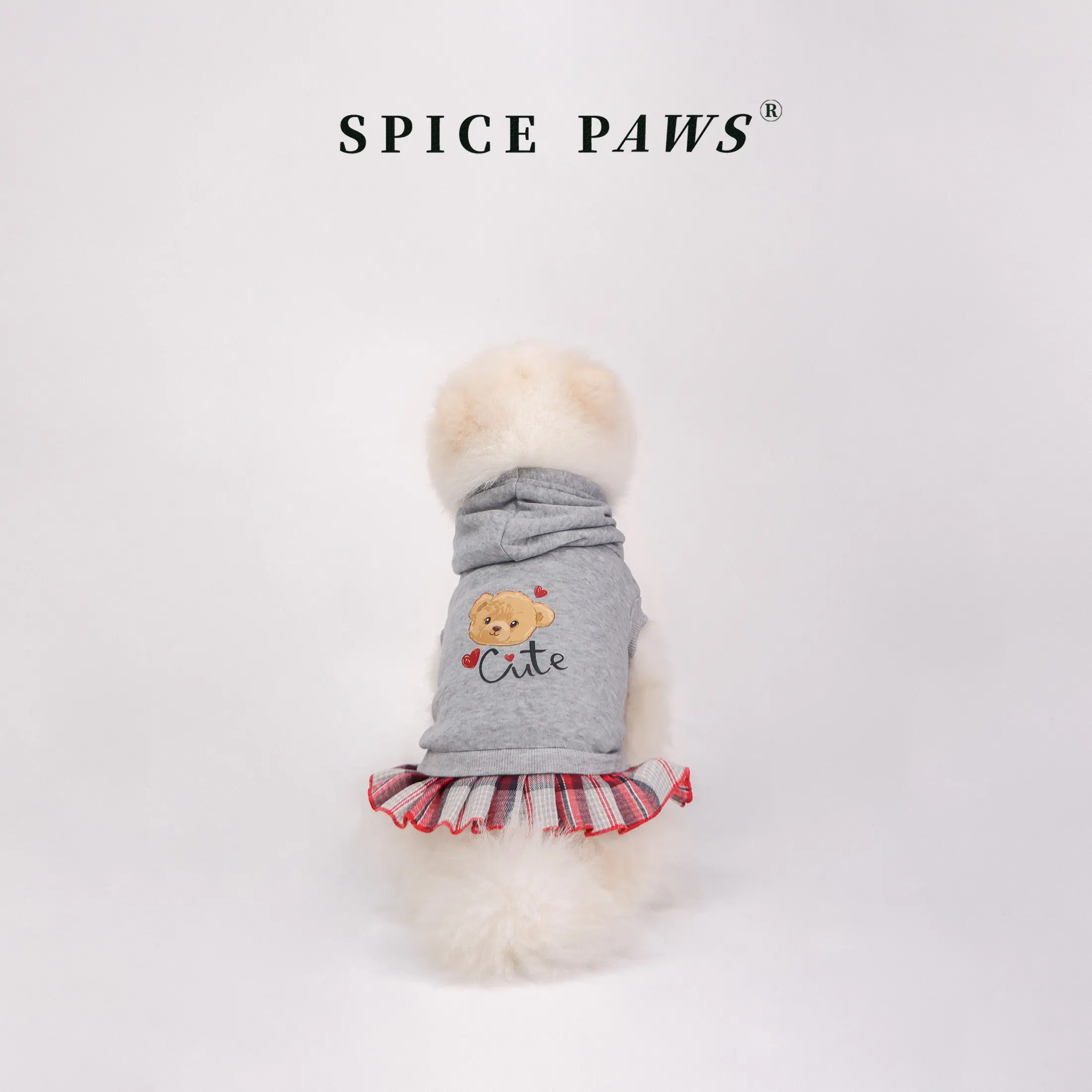 Pet Hoodie Dress with Cute Teddy Bear Print & Plaid Skirt | Gray Dog/Cat/Kitty Hooded Sweatshirt Dress, Puppy Clothes, Soft Warm Polyester, Ideal for Small to Medium Breeds, Daily Wear & Winter Warmth, Perfect Christmas Gift Clothing