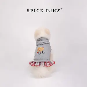Pet Hoodie Dress with Cute Teddy Bear Print & Plaid Skirt | Gray Dog/Cat/Kitty Hooded Sweatshirt Dress, Puppy Clothes, Soft Warm Polyester, Ideal for Small to Medium Breeds, Daily Wear & Winter Warmth, Perfect Christmas Gift Clothing