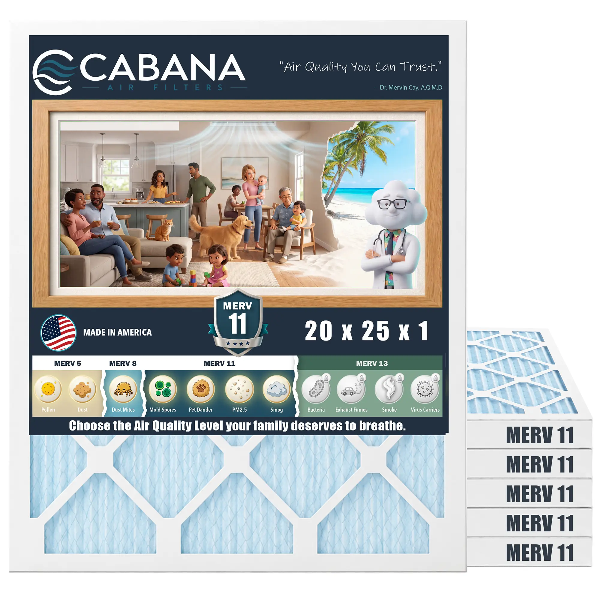 Cabana Air Filters 6 Pack HVAC Furnace Air Filters, MERV 11, 20 x 25 x 1, White Cabana Air Filters 6 Pack HVAC Furnace Air Filters, MERV 11, 20 x 25 x 1, White