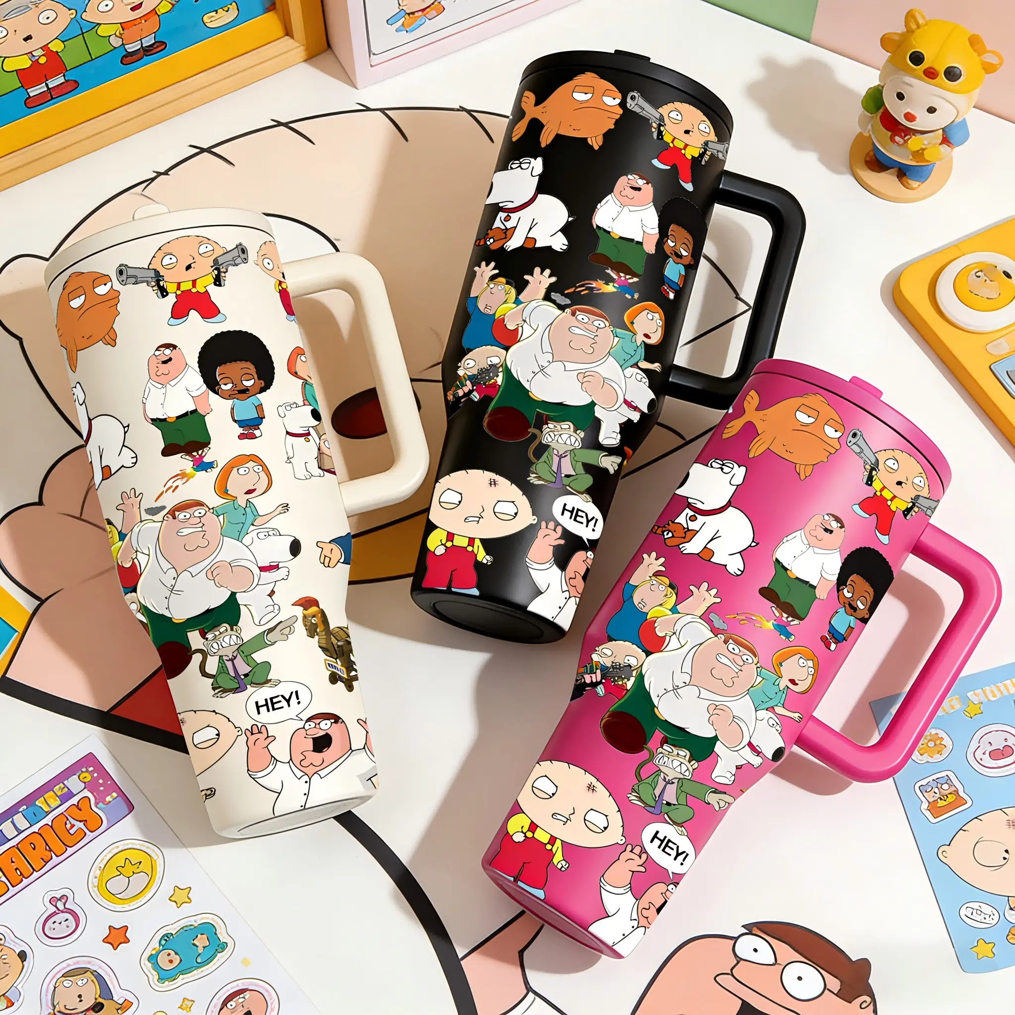 1pc 40oz famliy guys Cartoon Family Style Hydration Tumbler With Handle And Lid, Vacuum Insulated Flask, Animated Character Print Stainless Steel Insulated Travel Mug, Double Wall Vacuum Cup Keeps Cold 12H Hot 6H, Large Capacity Coffee Cup Gift