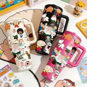 1pc 40oz famliy guys Cartoon Family Style Tumbler With Handle And Lid, Vacuum Insulated Flask, Animated Character Print Stainless Steel Insulated Travel Mug, Double Wall Vacuum Cup Keeps Cold 12H Hot 6H, Large Capacity Coffee Cup Gift