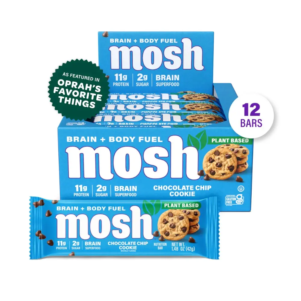 MOSH Plant-Based Baked Chocolate Chip Cookie Dough Chunk Protein Bars - 12 Packs, Gluten-Free Low-Sugar High-Fiber Keto-Friendly Protein Snacks, 6+ Brain Nutrients Including Cognizin, Natural, Mission-Focused, Gives Back, Healthy, Gluten Free Ingredients