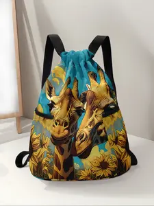Giraffe Pattern Drawstring Backpack, Large Capacity Durable Gym Bag, Adjustable Straps, Sports Beach Backpack, Unisex Travel Hiking Camping Essential
