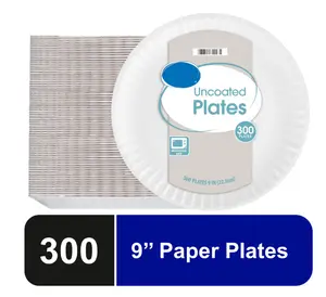 9 Inch Uncoated Paper Plates, 300 Count - Ideal for Disposable Cookware Needs