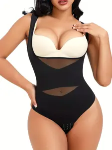 Women's Contrast Mesh Thong Design Shapewear Bodysuit, High Stretch U Neck Tummy Control Shapewear Clothing, Ladies Shapewear for Daily Wear, Garment