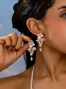 Boho Style Elegant Fashion Imitated Pearl Starfish Shell Dangle Earrings, Spring Summer Women's Beach Vacation Daily Wear Gift