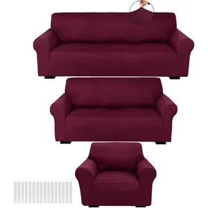 3 count Slipcover Set for Couch Furniture Covers for Sofa Loveseat Couch Arm Chair, Form Fit Stretch, Wrinkle Free, Furniture Protector(Burgundy,Milk Silk Spandex)