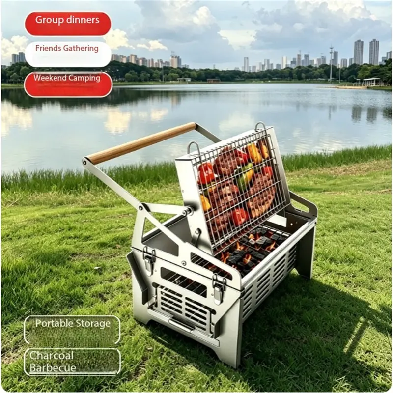 Compact Steel Plate Portable Flip-Over Charcoal BBQ Grill - Outdoor Barbeque Equipment with Handle, Ash Handling Feature for Picnic, Garden Parties