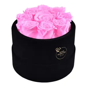 9 Fuchsia Roses - Black Round Velvet Box