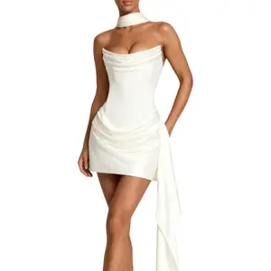 Strapless Homecoming Dress 2026, Ruched Satin Corset Short Prom Dress Backless Cocktail Party Gown with Scarf, white classic style