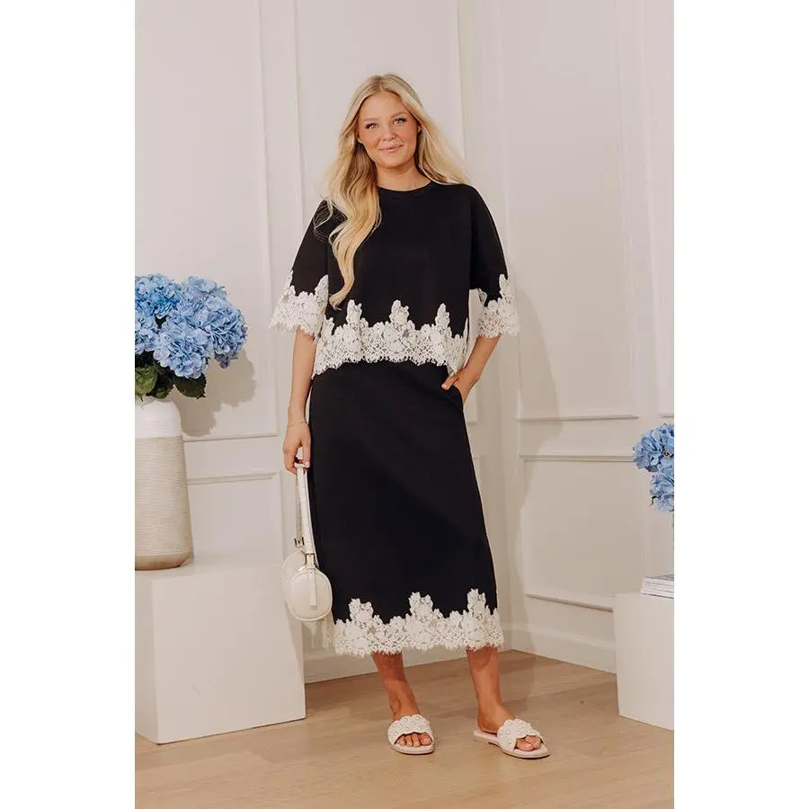Evening Ease High Waist Scuba Midi Skirt in Black