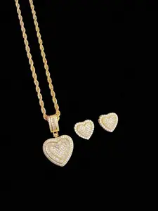 Fashion Hip Hop Heart Zircon Necklace Earrings Set, Zirconia Jewelry Set, Unisex Stainless Steel Jewelry, Perfect Gift for All Occasions